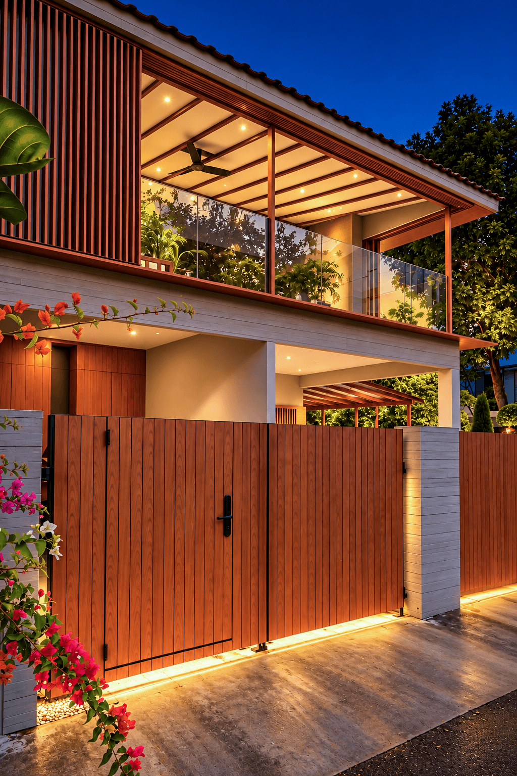The timber gate and screened upper storey seen from the street at A Sensory House, a luxury landed house in Singapore by K2SD Group