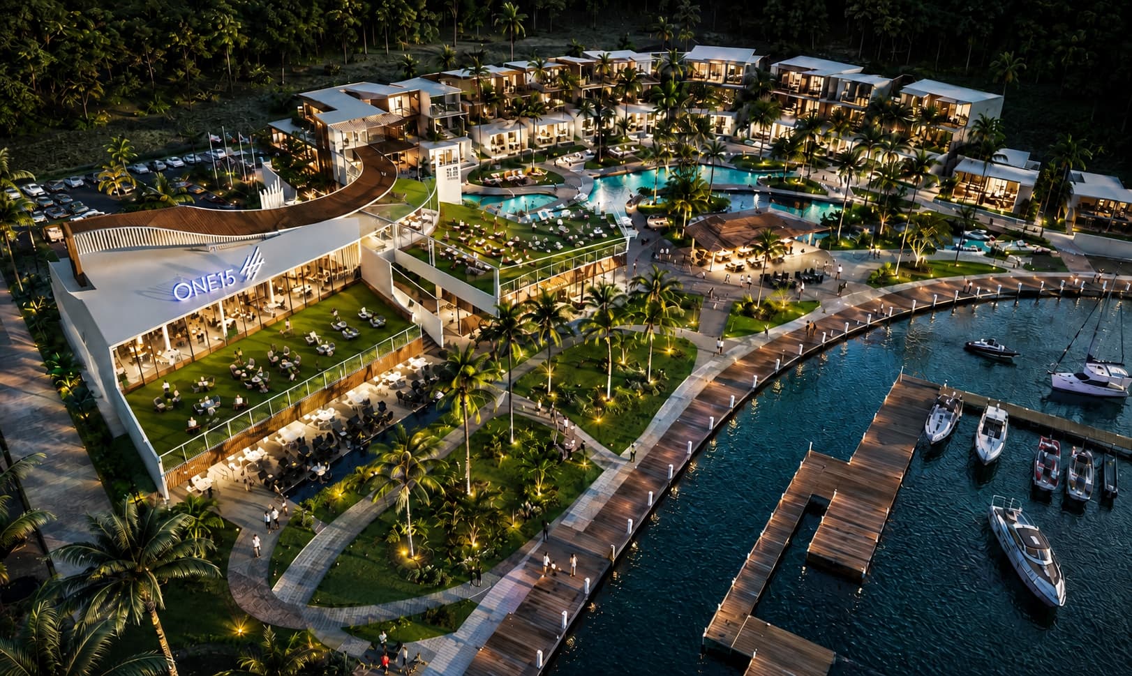 Resort & Marina at Phuket from the air, with its clubhouse, pools and marina